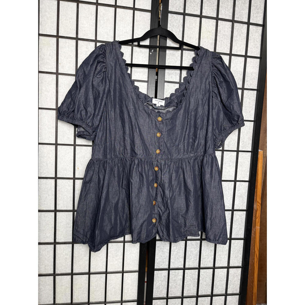 Kika Vargas Chambray Babydoll 3XL Western Boho Prairie Top Puff Sleeve Scalloped